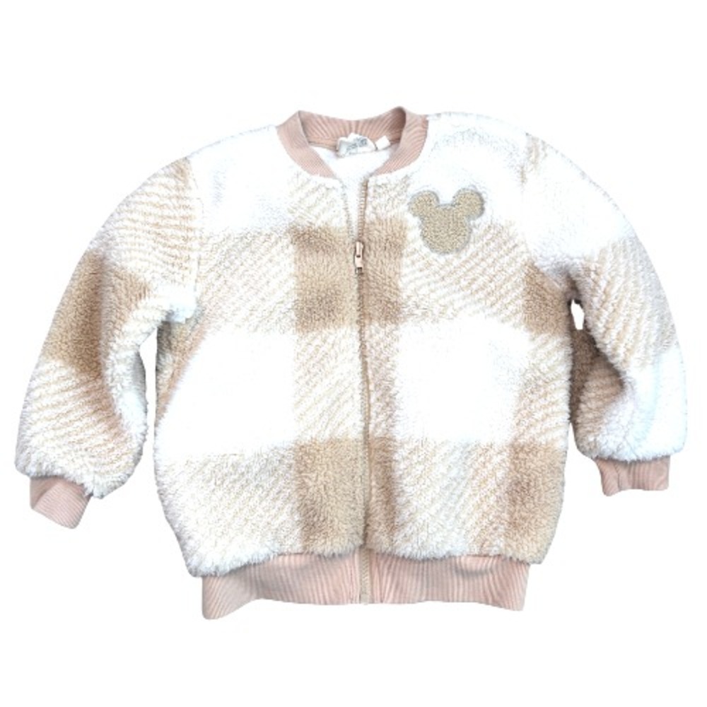 Disney Mickey Mouse Sherpa Jacket Baby‎ 12M Beige Plaid Zip Cozy Warm Coat